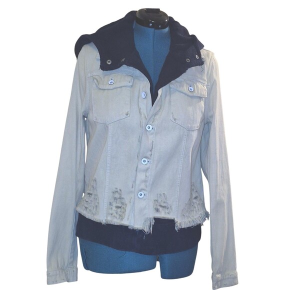Free People Women's Jacket Large Layer Denim Hooded Weave Distress Teen Wolf - Picture 1 of 7